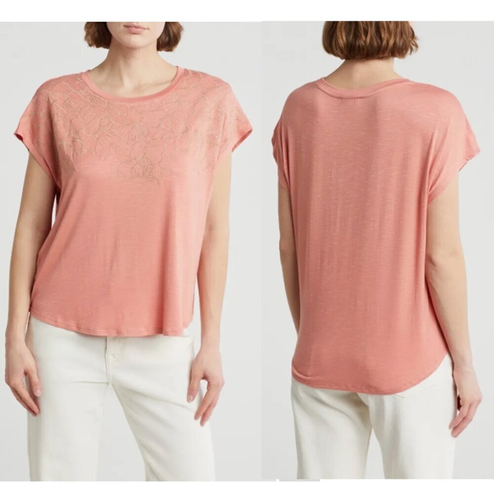 NWT New $99 Adrianna Papell Floral Embroidered Short Sleeve T-Shirt Size XL